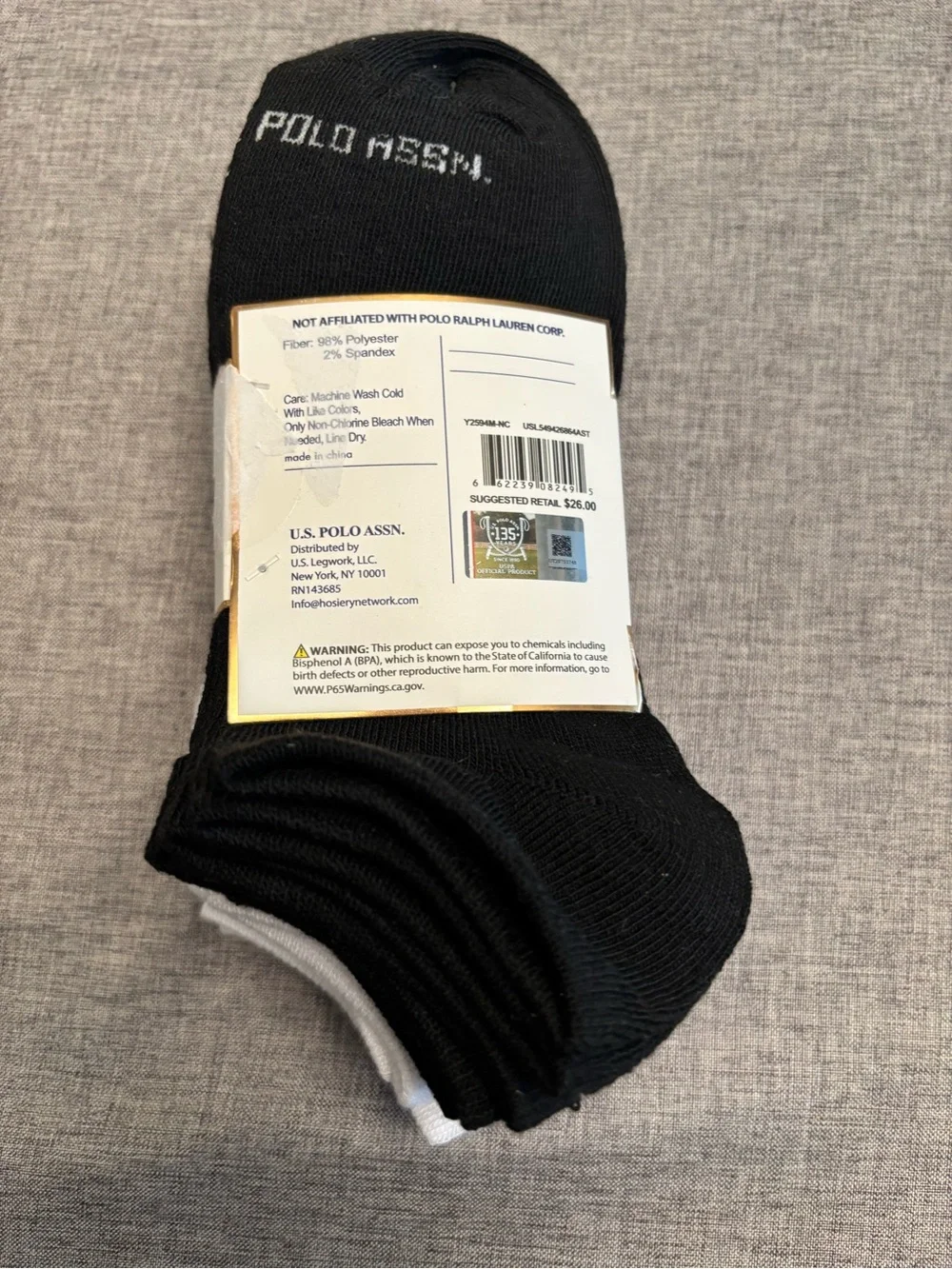 U.S. Polo Assn. Unisex White and Black Low Cut Moisture Control Socks - 10 Pack
